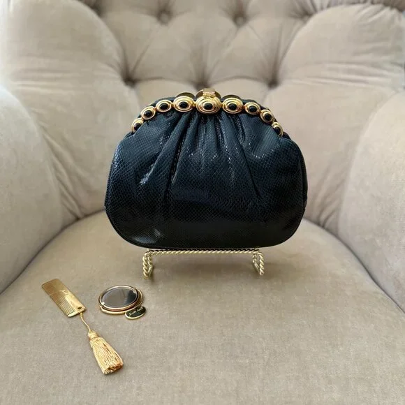 VTG Auth JUDITH LEIBER Genuine Karung Lizard Black Convertible Minaudiere Bag - Picture 6 of 9